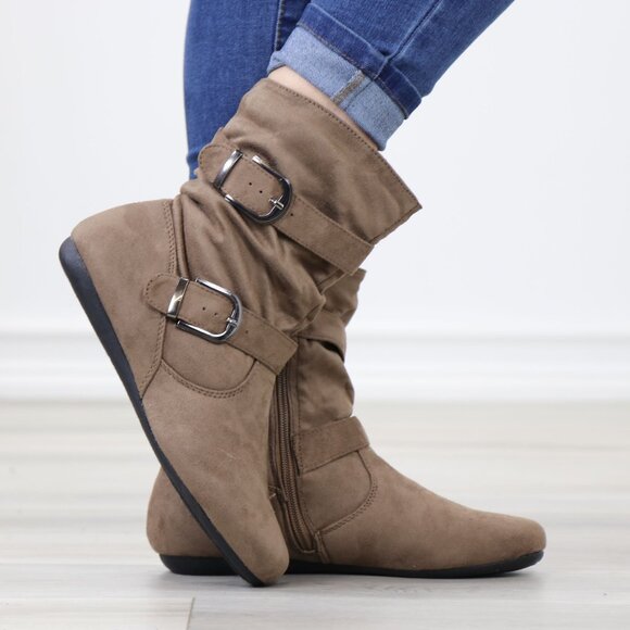 Taupe Faux Leather Slouch Ankle Boots Side Zipper Buckle Strap Flat Sole - Picture 6 of 12